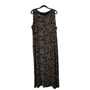Vikki Vi Maxi Tank Dress 2X Sleeveless Stretchy Slinky Black Floral Artsy Comfy